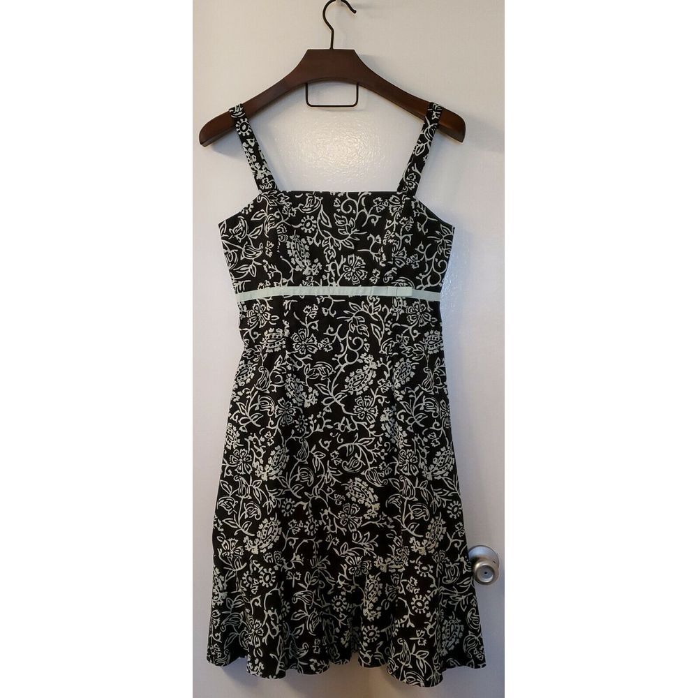 R&K Original Dress/Sundress WOM SZ 10 Black/Mint Green Print Shirred Bodice Bow